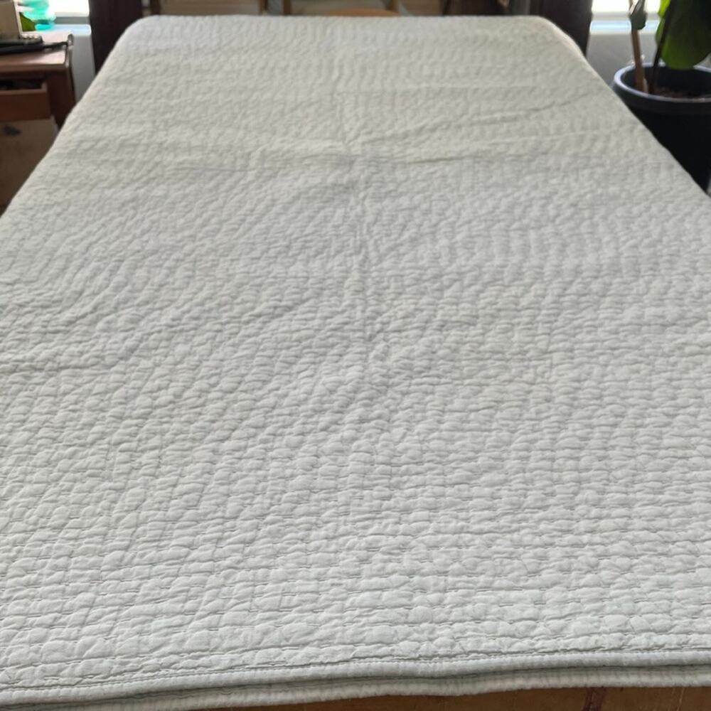 Pottery Barn Pick-Stitch Cotton Linen Blue Green Quilt 104" x 86"